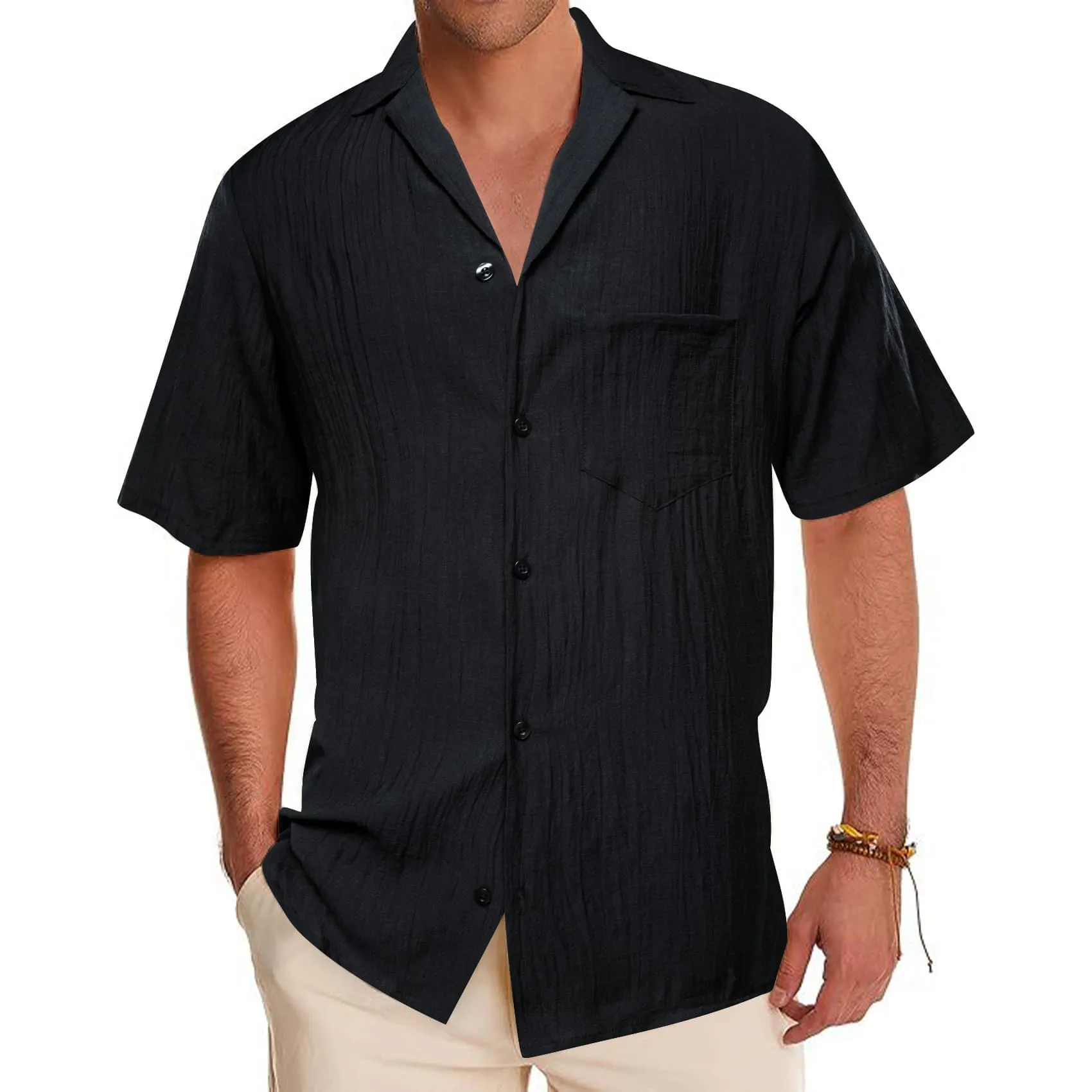 Ties2you Short Sleeve Shirt Black Solid Men's Silk Notched Collar Button Down Shirt