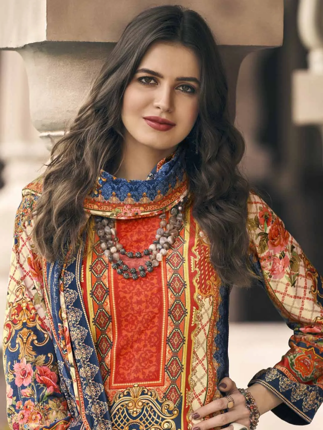 Unstitched Silk Velvet Blue Pakistani Print Winter Suit