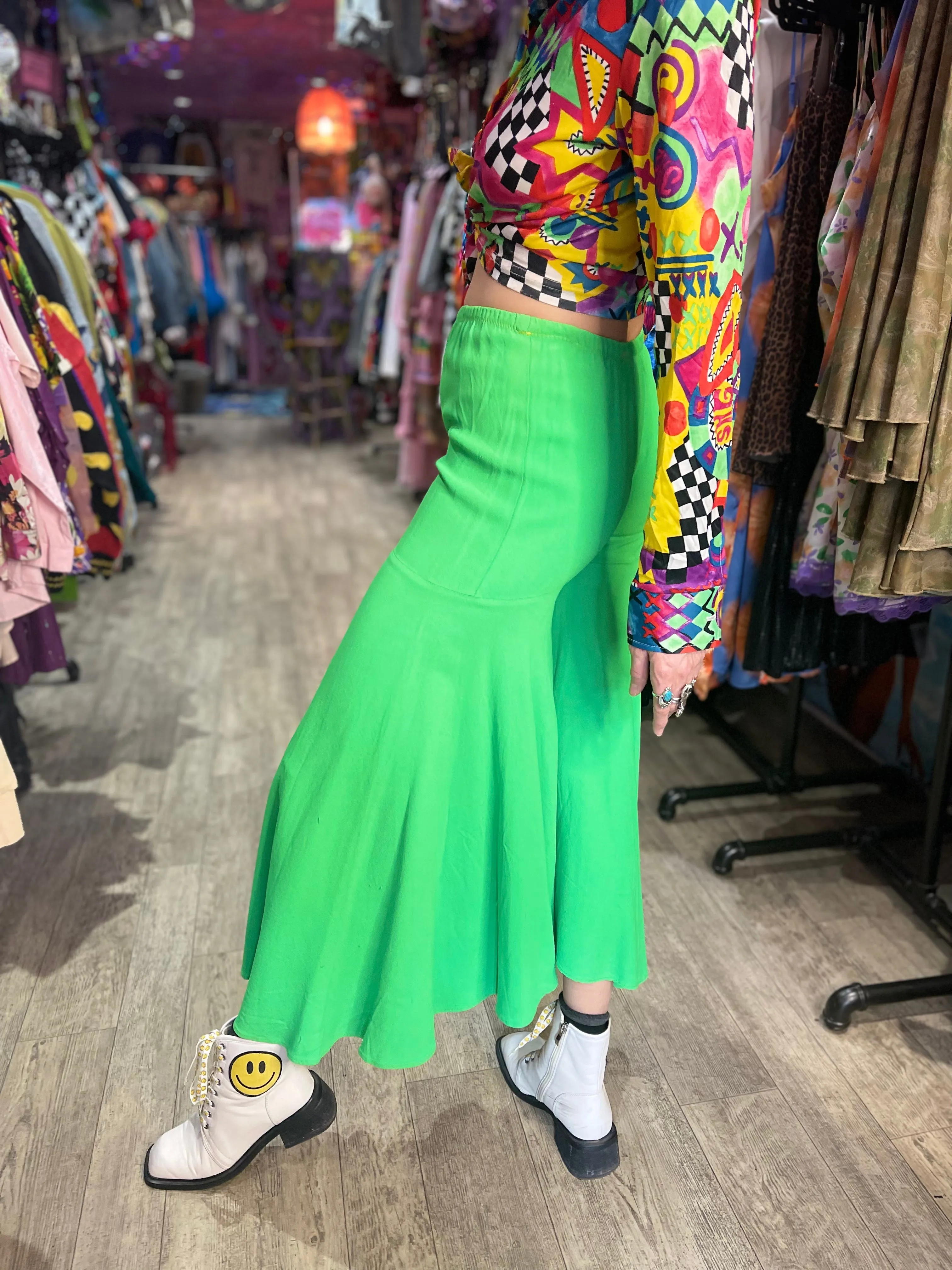Vintage Lime Green Hippie Palazzo Bell Bottom Pants
