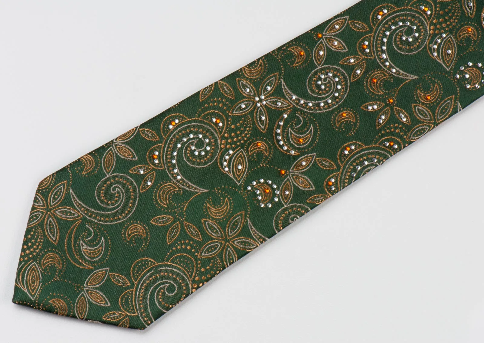 Vito Rufolo Mens Silk Rhinestone Tie Yellow Paisley On Khaki Green Necktie