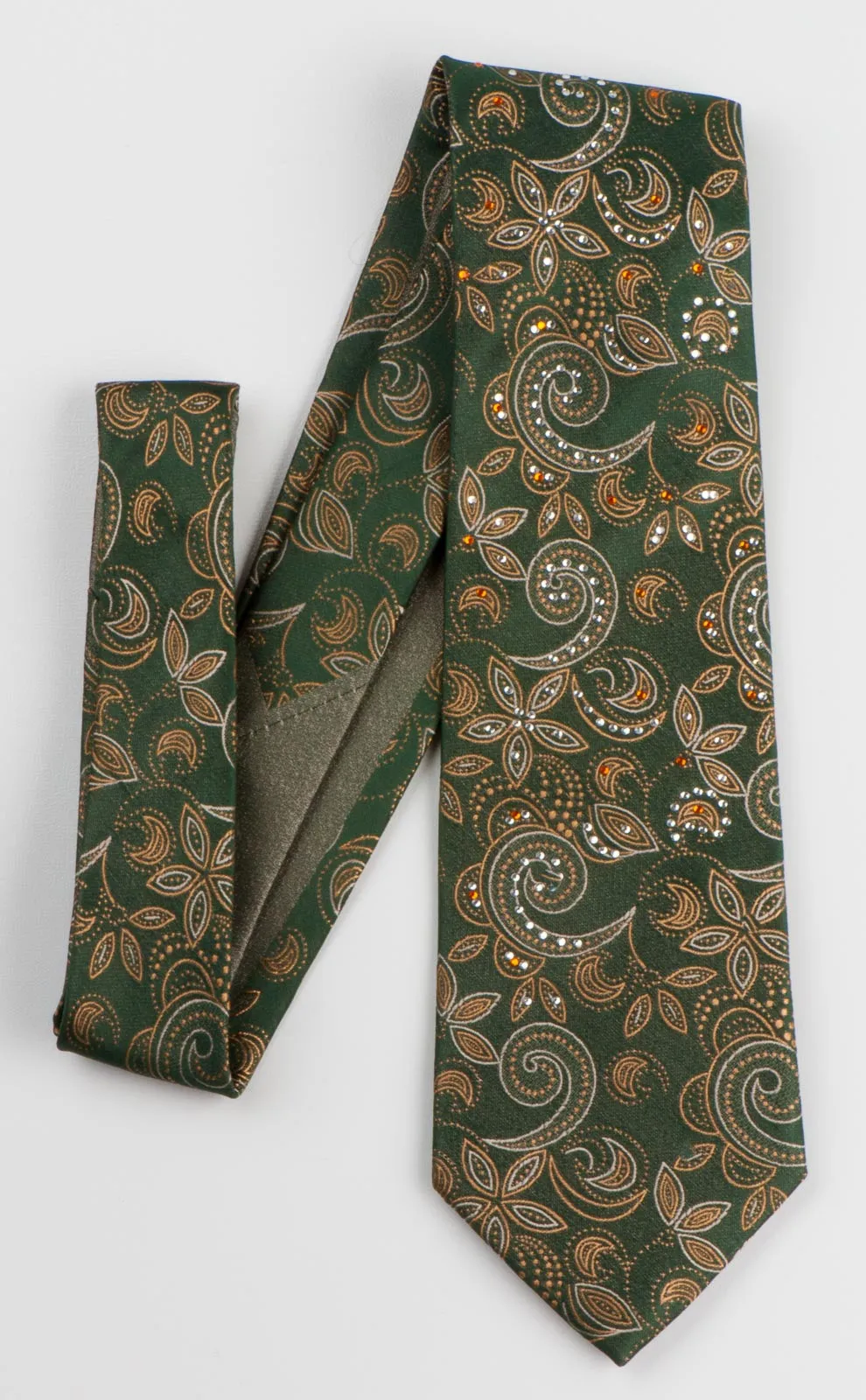 Vito Rufolo Mens Silk Rhinestone Tie Yellow Paisley On Khaki Green Necktie