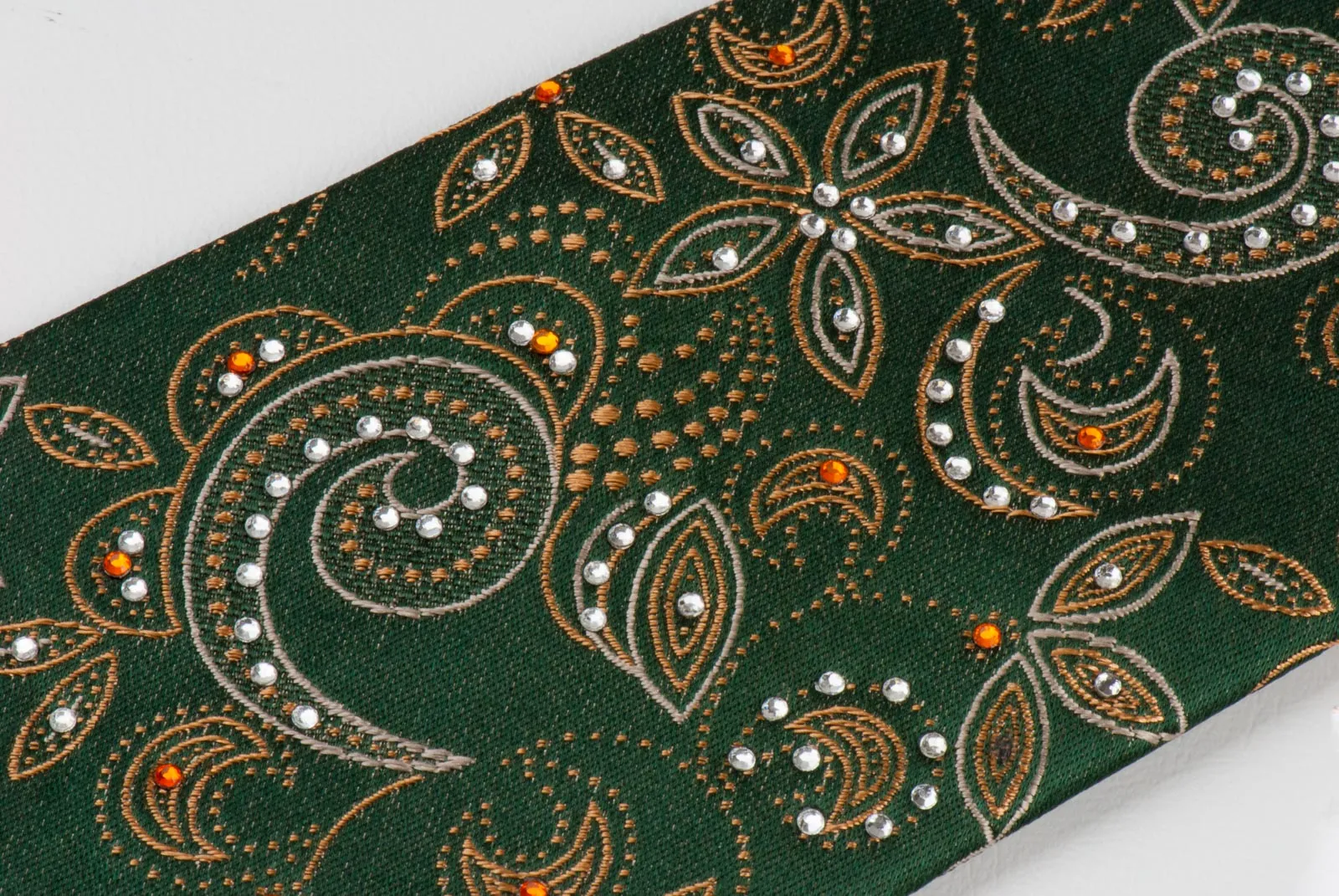 Vito Rufolo Mens Silk Rhinestone Tie Yellow Paisley On Khaki Green Necktie