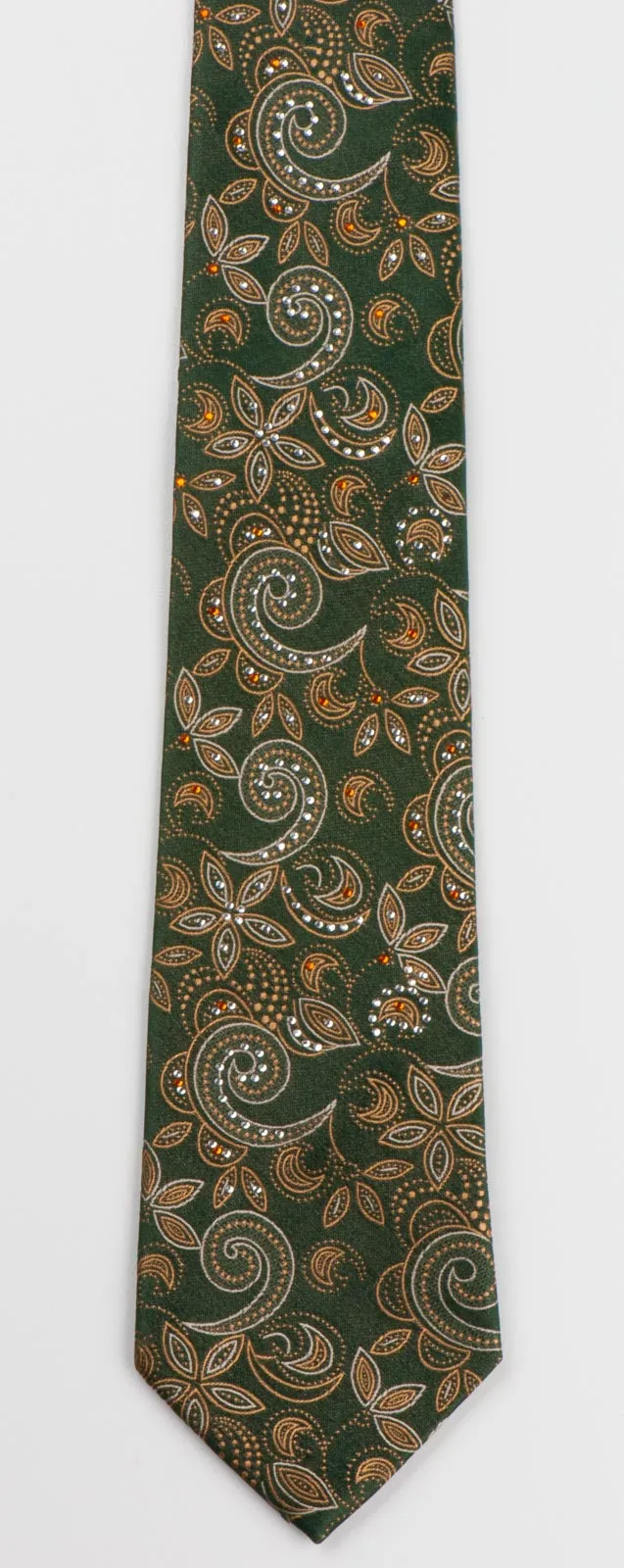 Vito Rufolo Mens Silk Rhinestone Tie Yellow Paisley On Khaki Green Necktie