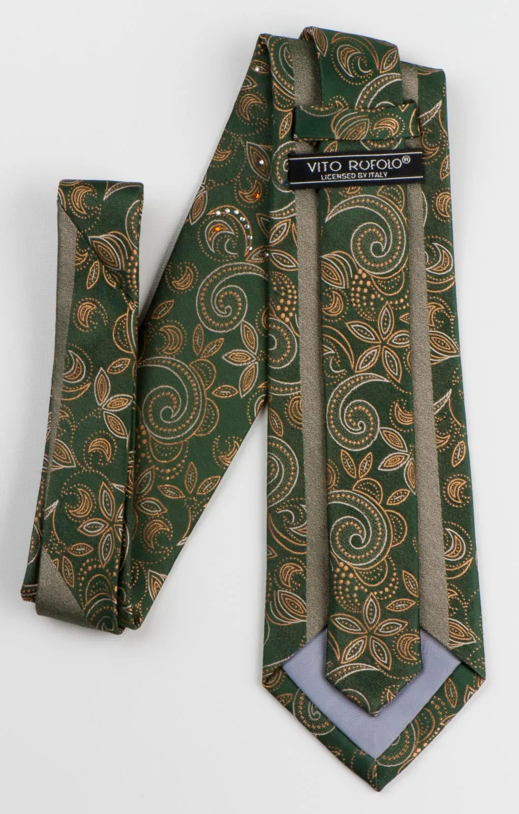 Vito Rufolo Mens Silk Rhinestone Tie Yellow Paisley On Khaki Green Necktie