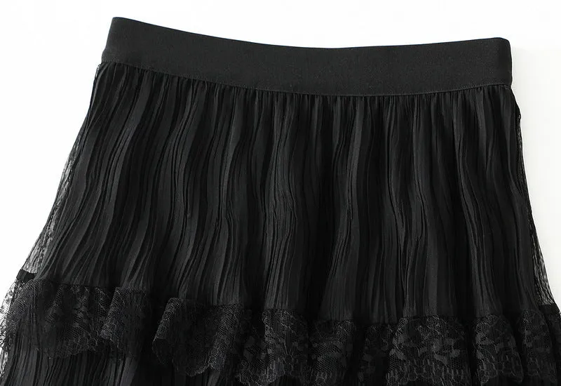 Wave Pleated Mesh Stitching Lace Skirt