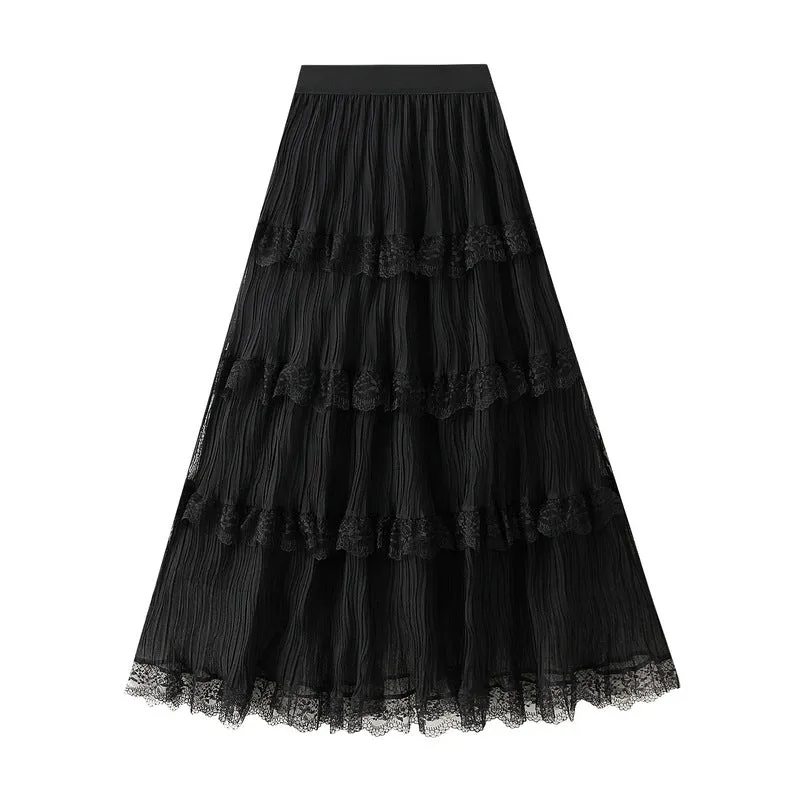 Wave Pleated Mesh Stitching Lace Skirt