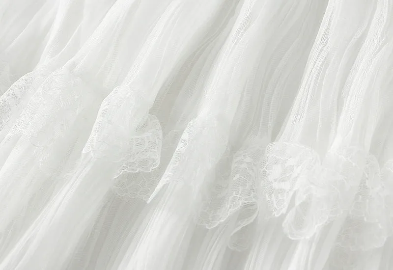 Wave Pleated Mesh Stitching Lace Skirt