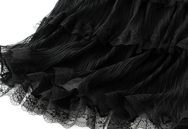 Wave Pleated Mesh Stitching Lace Skirt