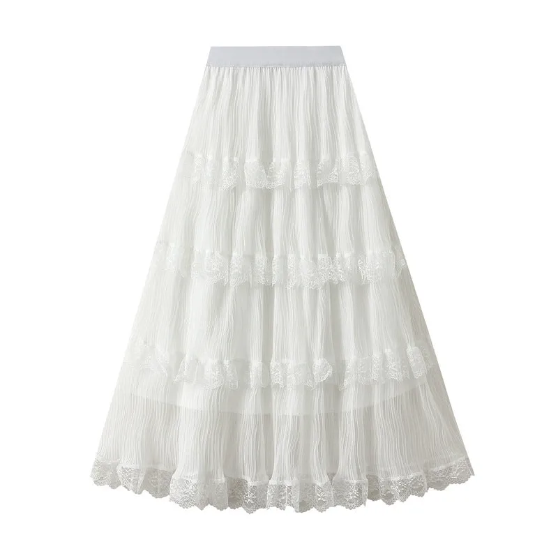 Wave Pleated Mesh Stitching Lace Skirt