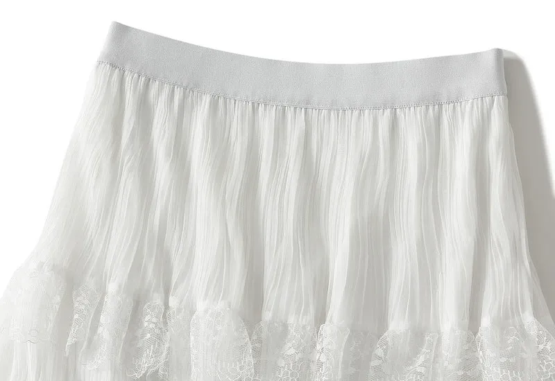 Wave Pleated Mesh Stitching Lace Skirt