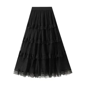 Wave Pleated Mesh Stitching Lace Skirt