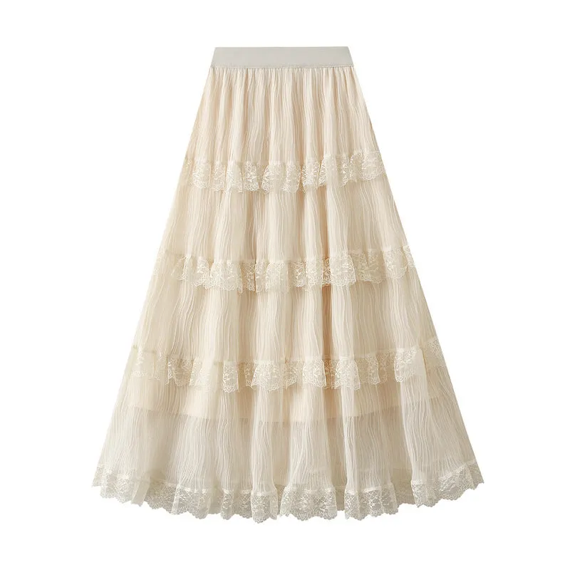 Wave Pleated Mesh Stitching Lace Skirt