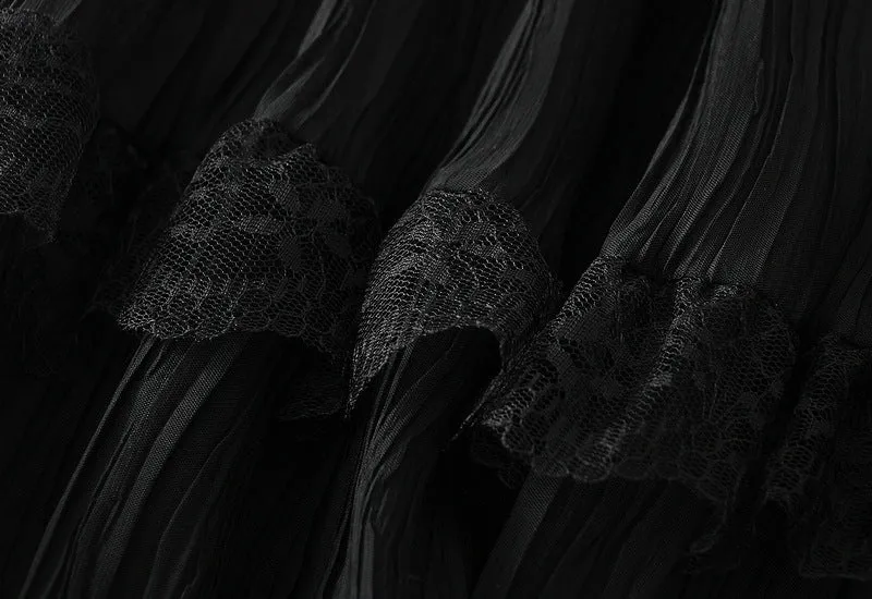 Wave Pleated Mesh Stitching Lace Skirt