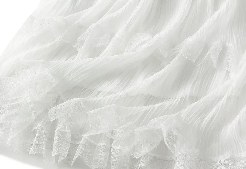 Wave Pleated Mesh Stitching Lace Skirt