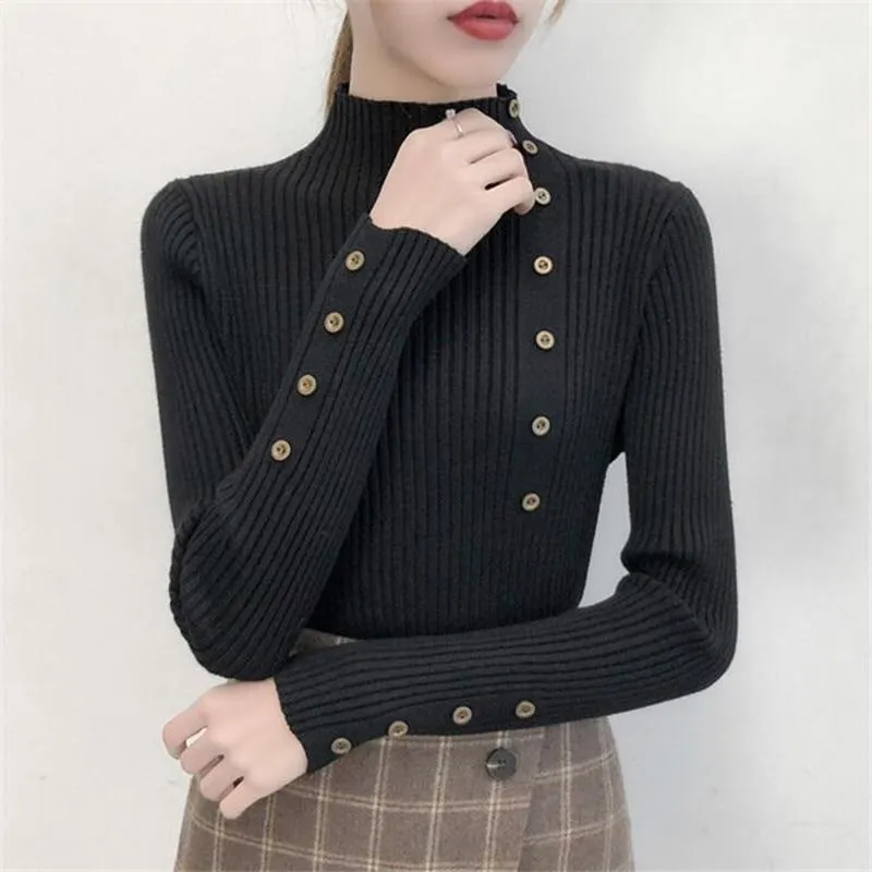Women Autumn Knitted Sweater Solid Knitted Female Cotton Soft Elastic Color Pullovers Button Full Sleeve Turtleneck