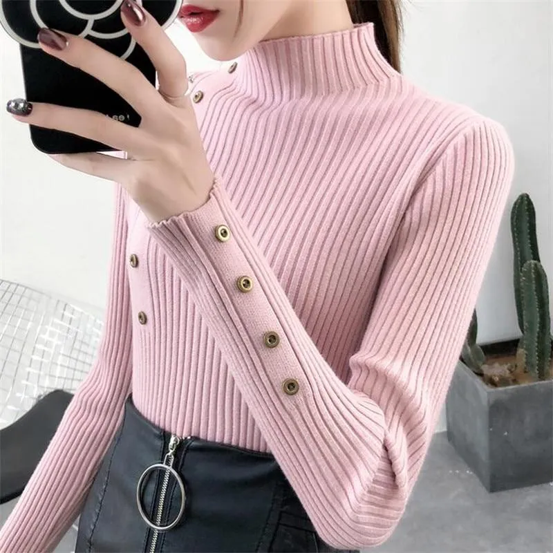 Women Autumn Knitted Sweater Solid Knitted Female Cotton Soft Elastic Color Pullovers Button Full Sleeve Turtleneck
