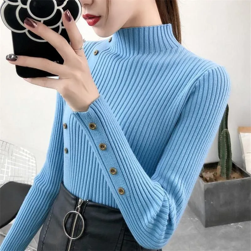 Women Autumn Knitted Sweater Solid Knitted Female Cotton Soft Elastic Color Pullovers Button Full Sleeve Turtleneck