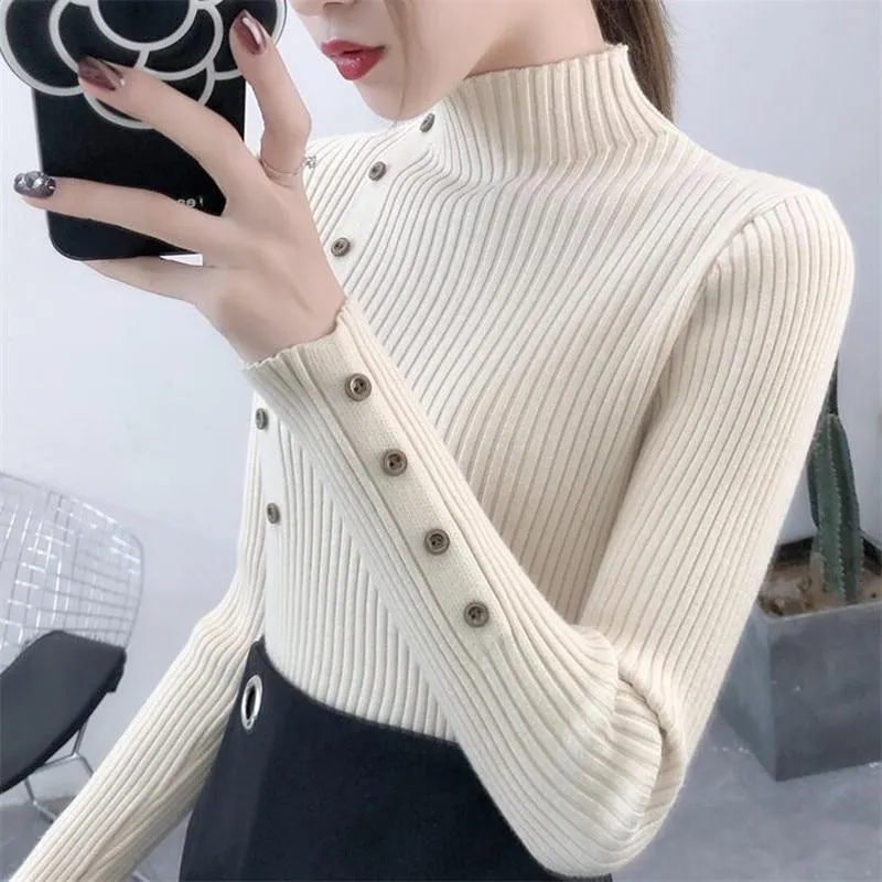 Women Autumn Knitted Sweater Solid Knitted Female Cotton Soft Elastic Color Pullovers Button Full Sleeve Turtleneck
