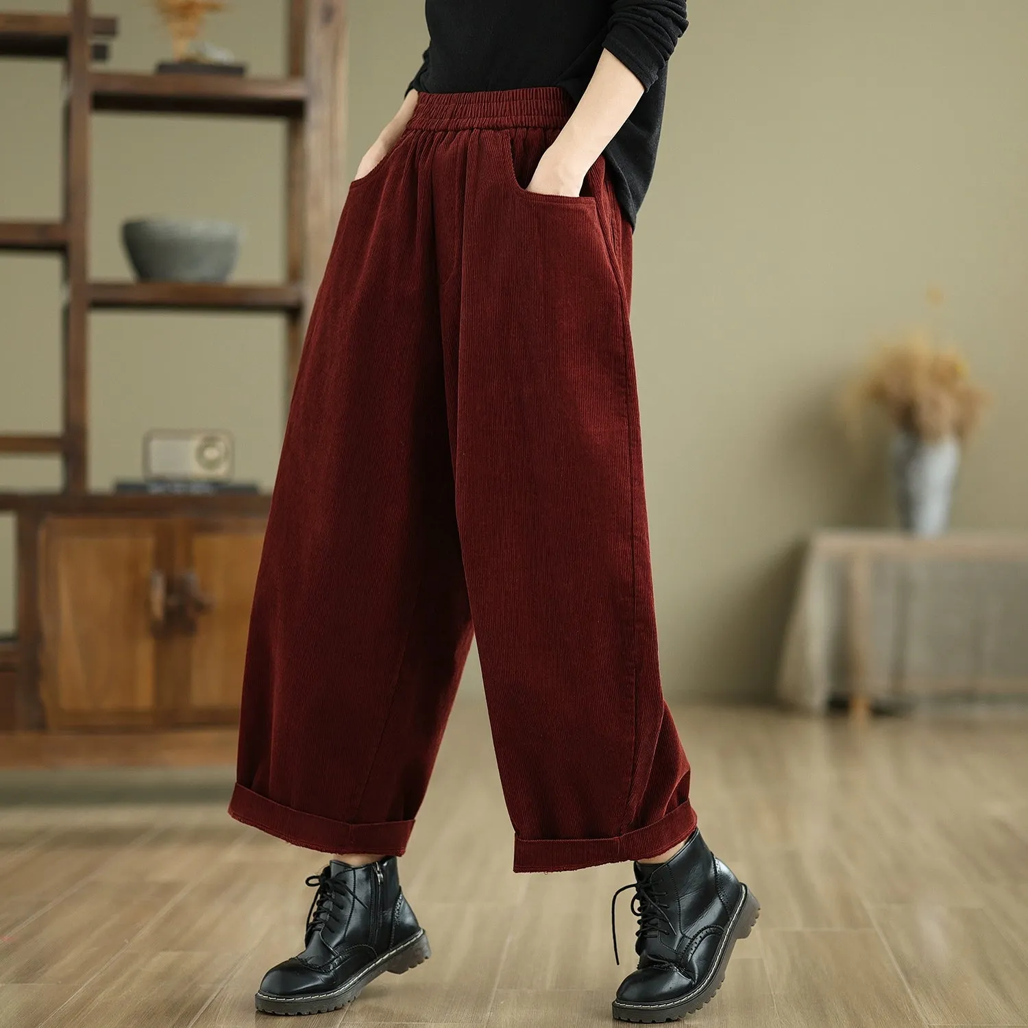 Women Spring Retro Cotton Corduroy Solid Color Casual Pants