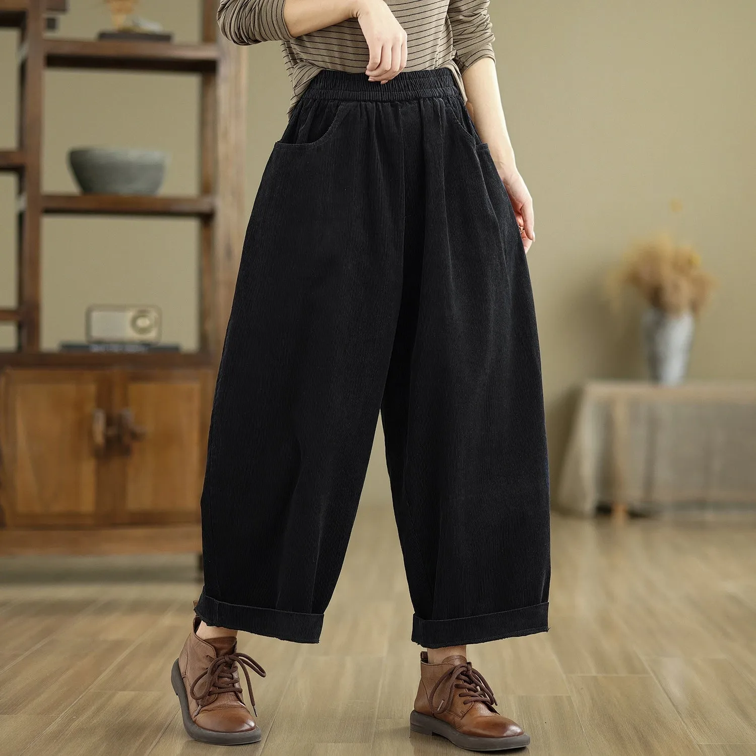 Women Spring Retro Cotton Corduroy Solid Color Casual Pants
