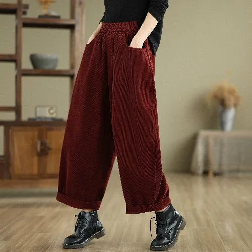 Women Spring Retro Cotton Corduroy Solid Color Casual Pants