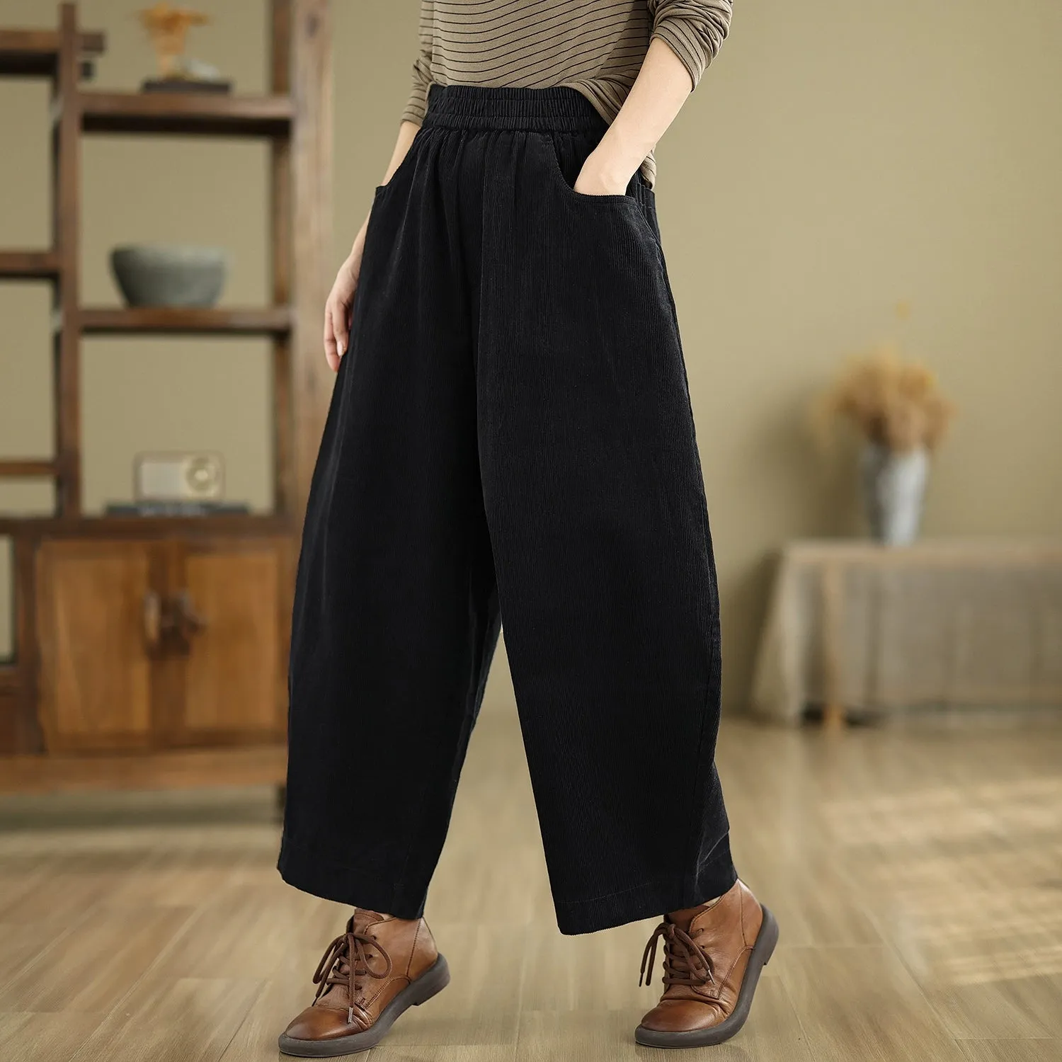 Women Spring Retro Cotton Corduroy Solid Color Casual Pants