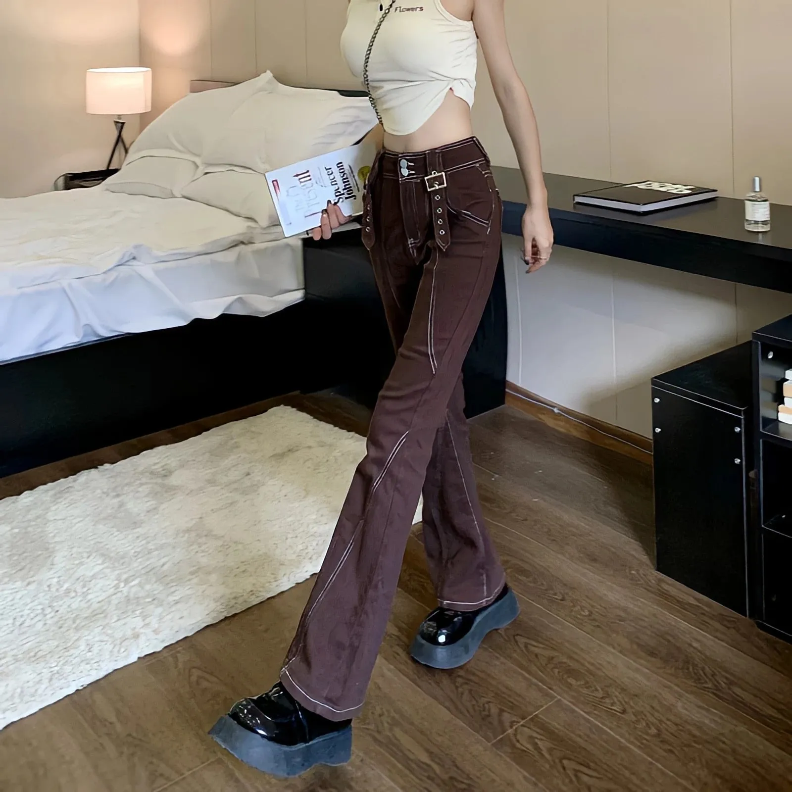 Women Summer Style Belt Decoration Flared Brown Jean Pant