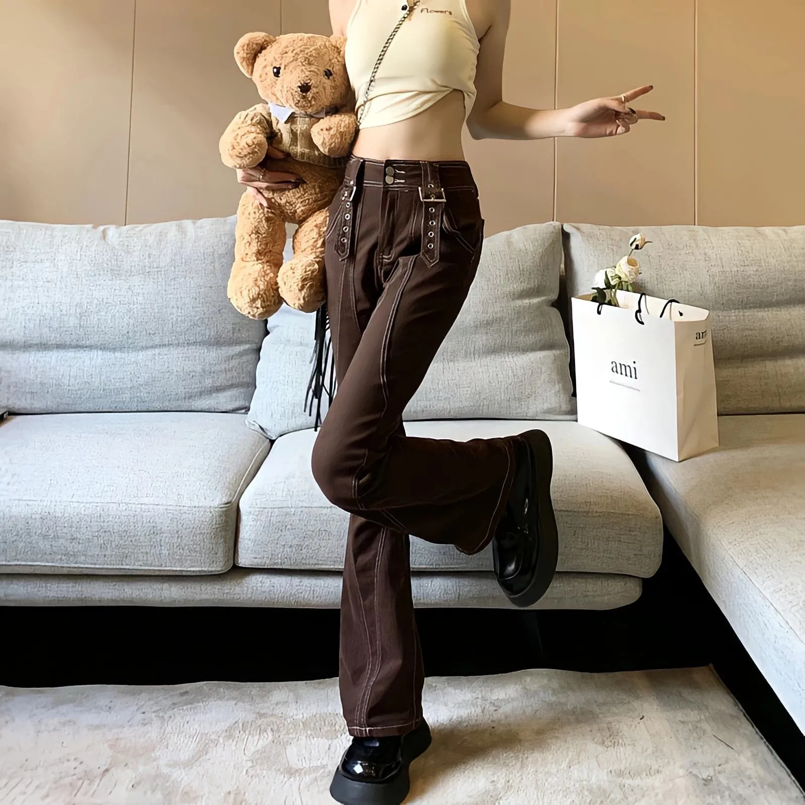Women Summer Style Belt Decoration Flared Brown Jean Pant