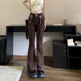 Women Summer Style Belt Decoration Flared Brown Jean Pant