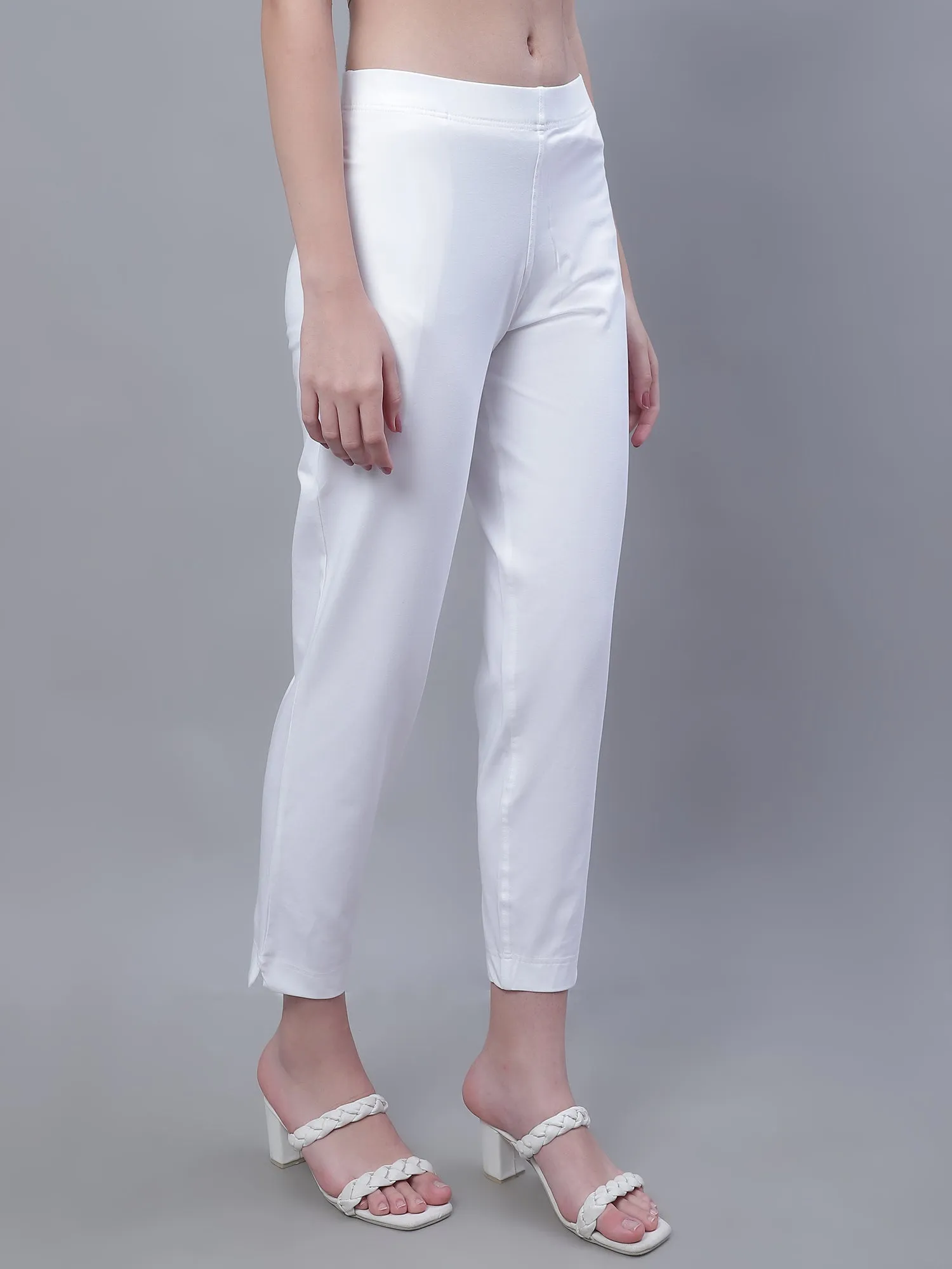 Women's Basic Regular Fit White Flat Front Mid rise Kurti Pant