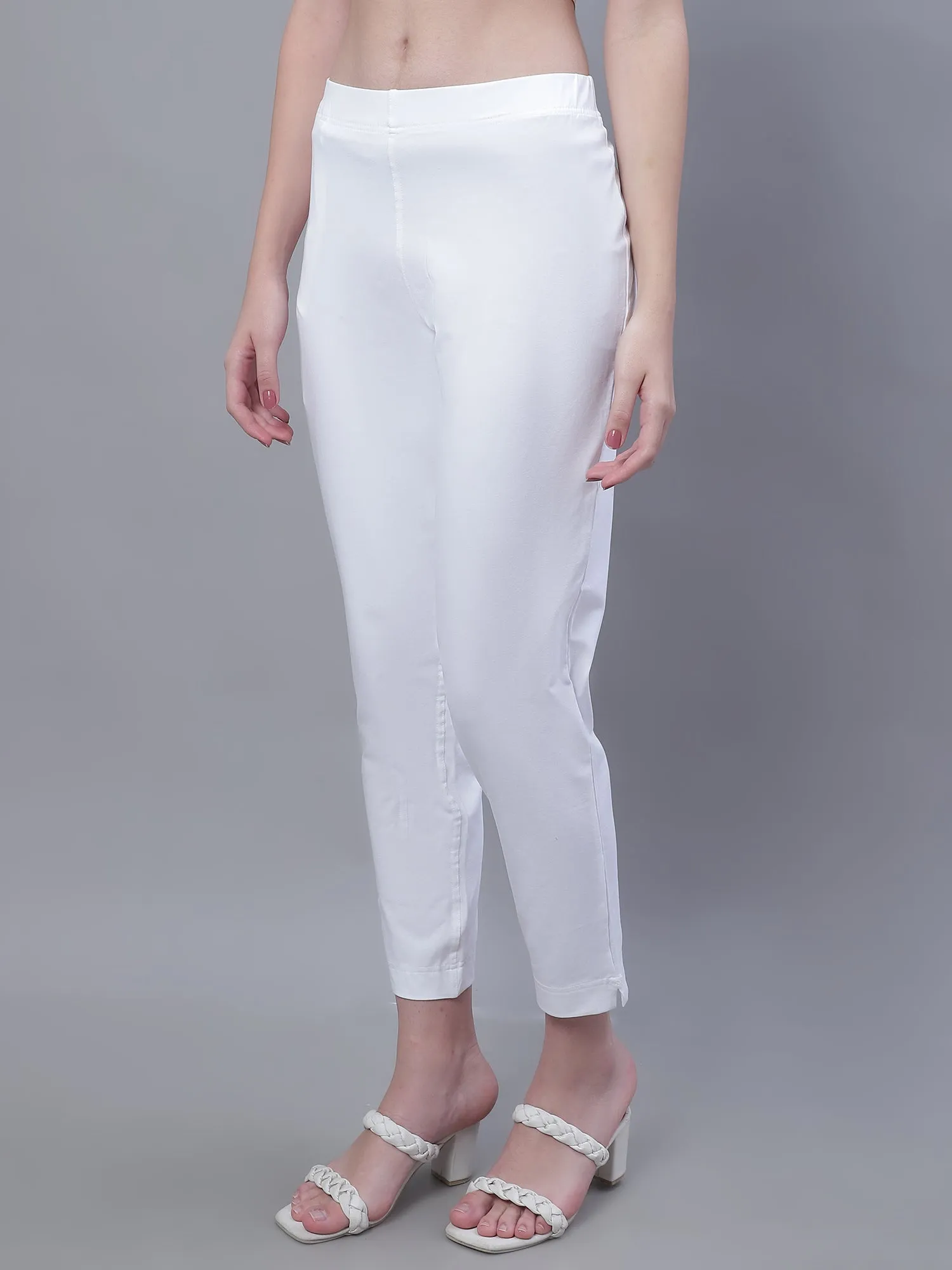 Women's Basic Regular Fit White Flat Front Mid rise Kurti Pant