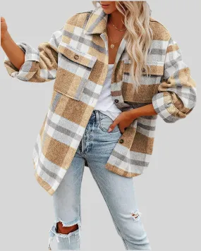 Women’s Casual Plaid Jacket   Long Sleeve Fall Shirt Jacket Coat Tops-khaki
