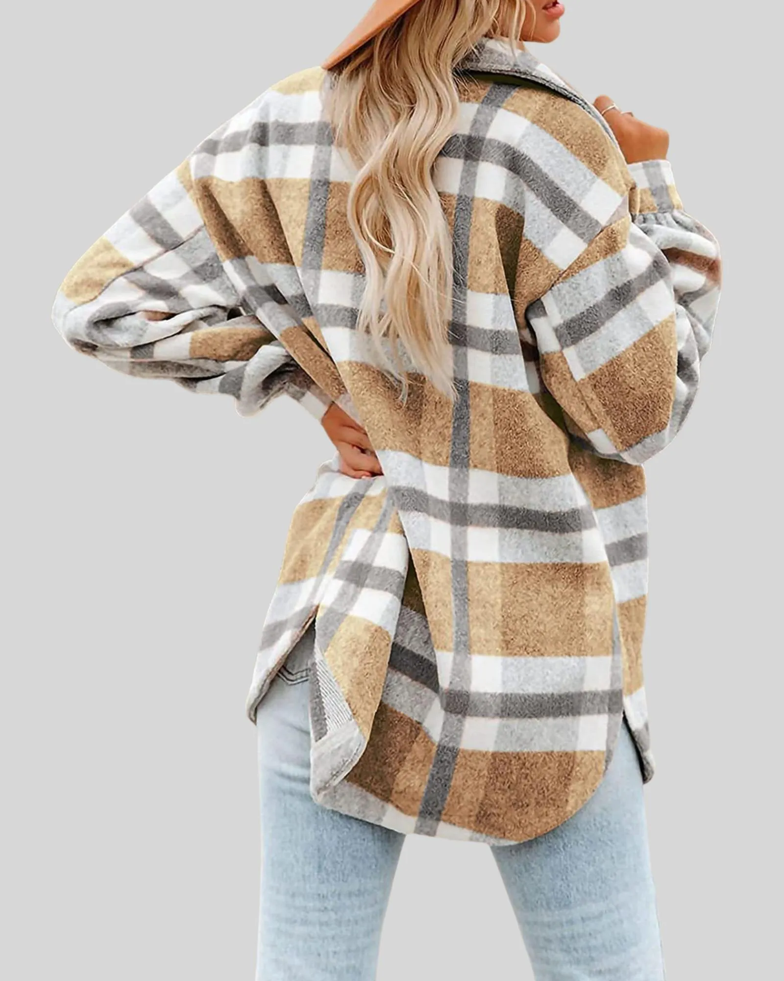 Women’s Casual Plaid Jacket   Long Sleeve Fall Shirt Jacket Coat Tops-khaki