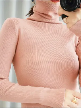 Women's Casual Wool Turtleneck Plain Thin Long Sleeve Pullover