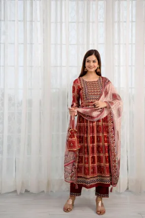 Women's Rayon Maroon Nyara Cut A-line Kurta, Pant and Dupatta With Fancy Potli Set