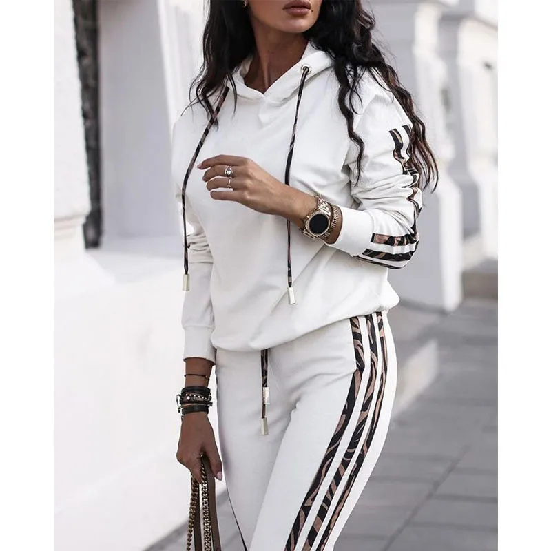 Women's Stripe Tracksuit Hoodie Outfit 2 Pcs Set -Q093 9626