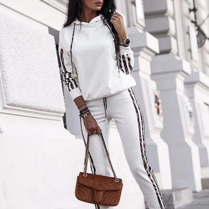Women's Stripe Tracksuit Hoodie Outfit 2 Pcs Set -Q093 9626