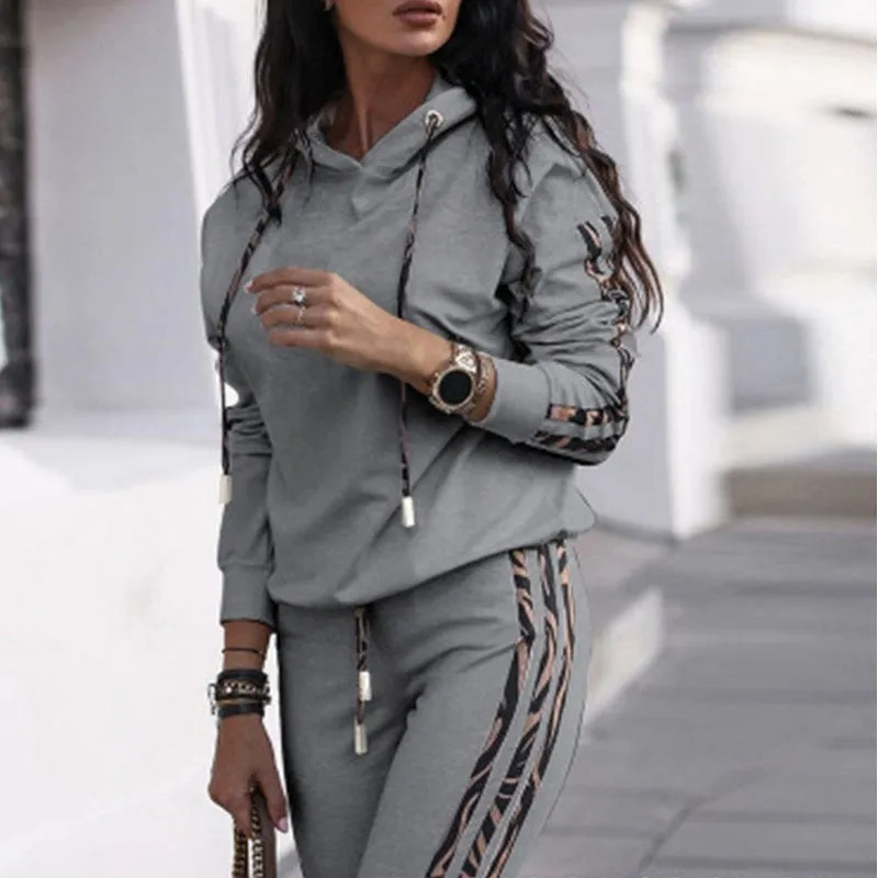 Women's Stripe Tracksuit Hoodie Outfit 2 Pcs Set -Q093 9626