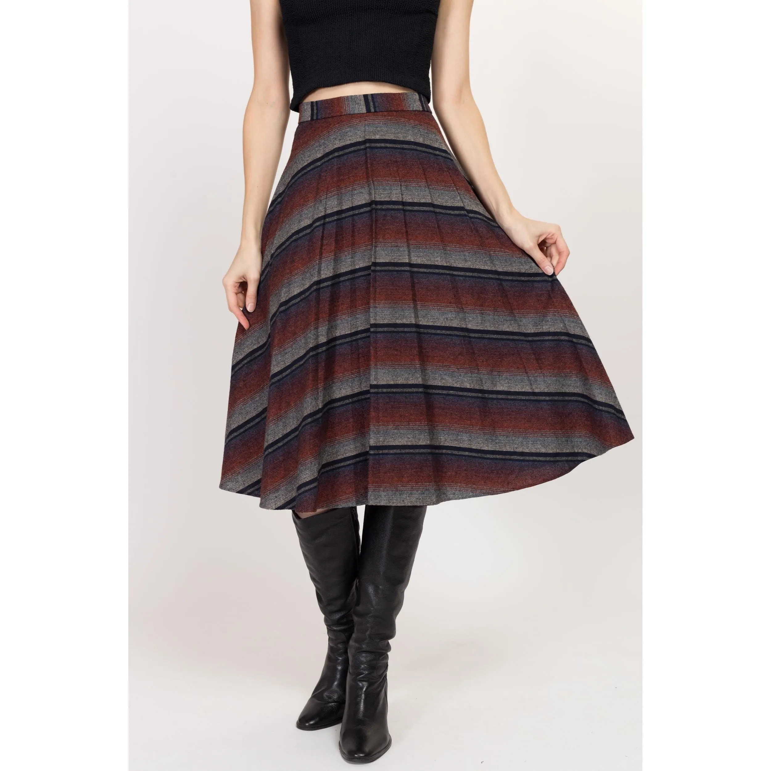 XS 70s Striped Knit Schoolgirl Midi Skirt 25"