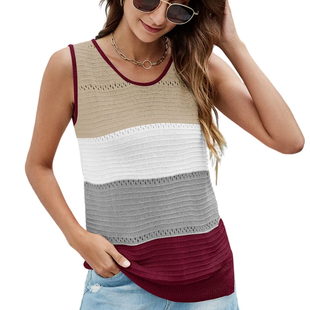 YESFASHION Women Round Neck Contrast Color Knitted Sweater Shirt Tops