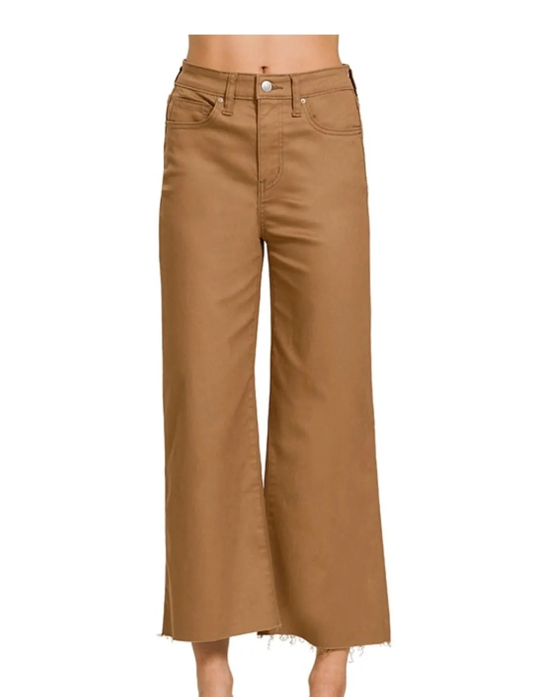 Zenana Lana High Rise Cropped Flare Denim Pants -Deep Camel