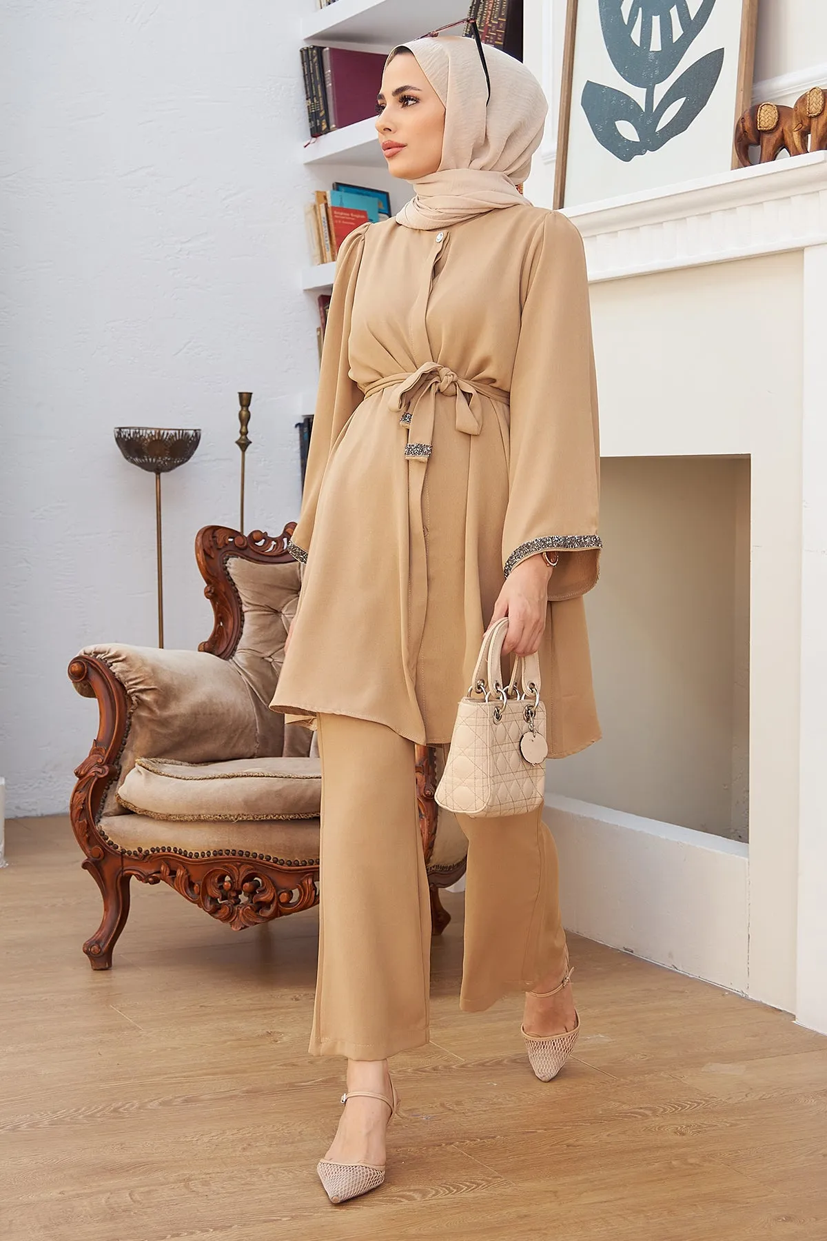 ZRF Women Spanish Flared Pants Tunic Set - Beige - Geneva